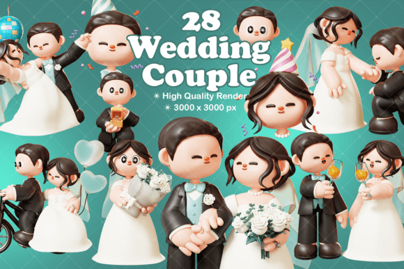 3D Cute Wedding Couple. Groom and Bride