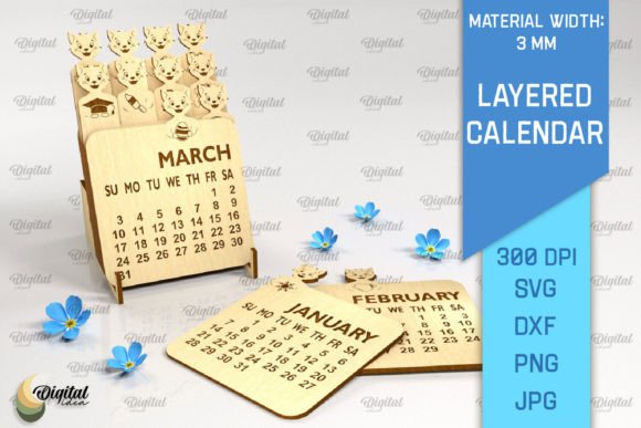 3D Layered Calendar Laser Cut. Cat SVG