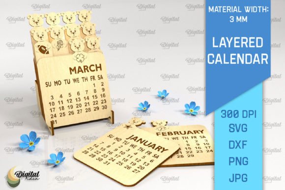 3D Layered Calendar LaserCut. Bunny SVG
