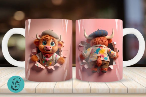 3D V-day Artist Highland Cow Mug Wrap 05